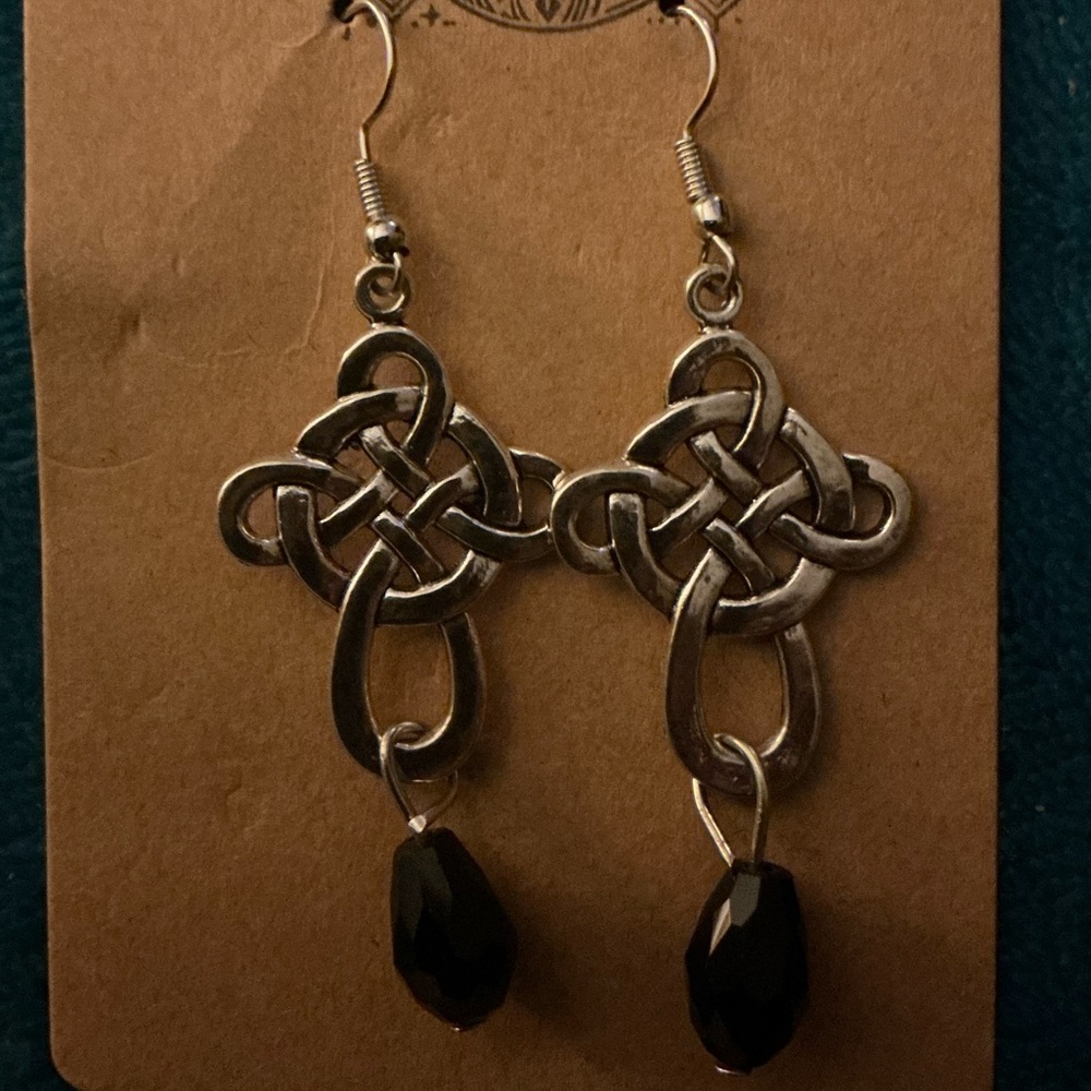 Silver Celtic Knot Cross Earrings with Black Beads